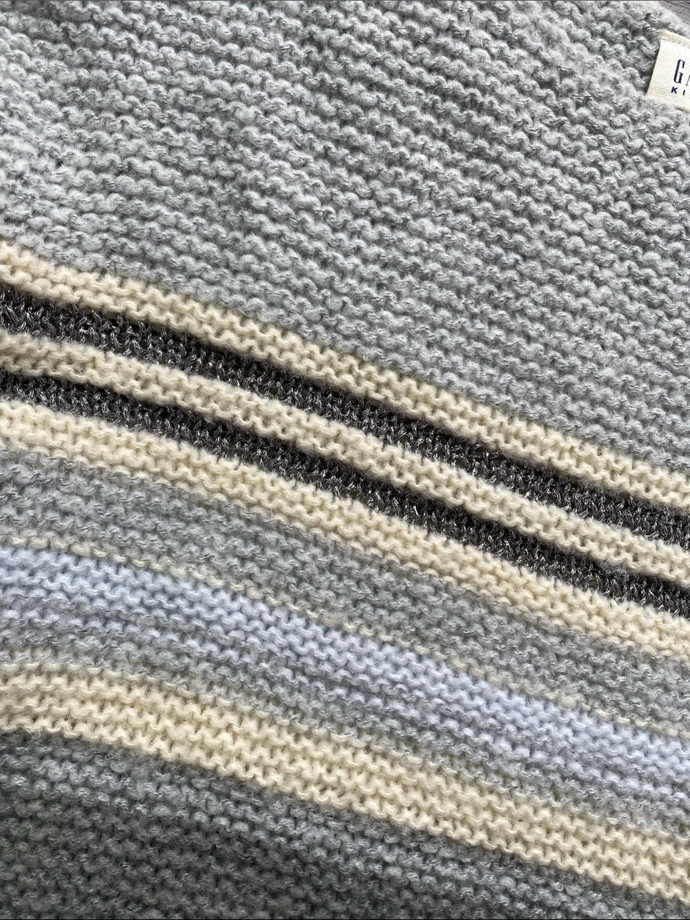 GAP Kids Striped Crewneck Sweater Metallic Girls Sz 14/16 Gray, Cream, Blue